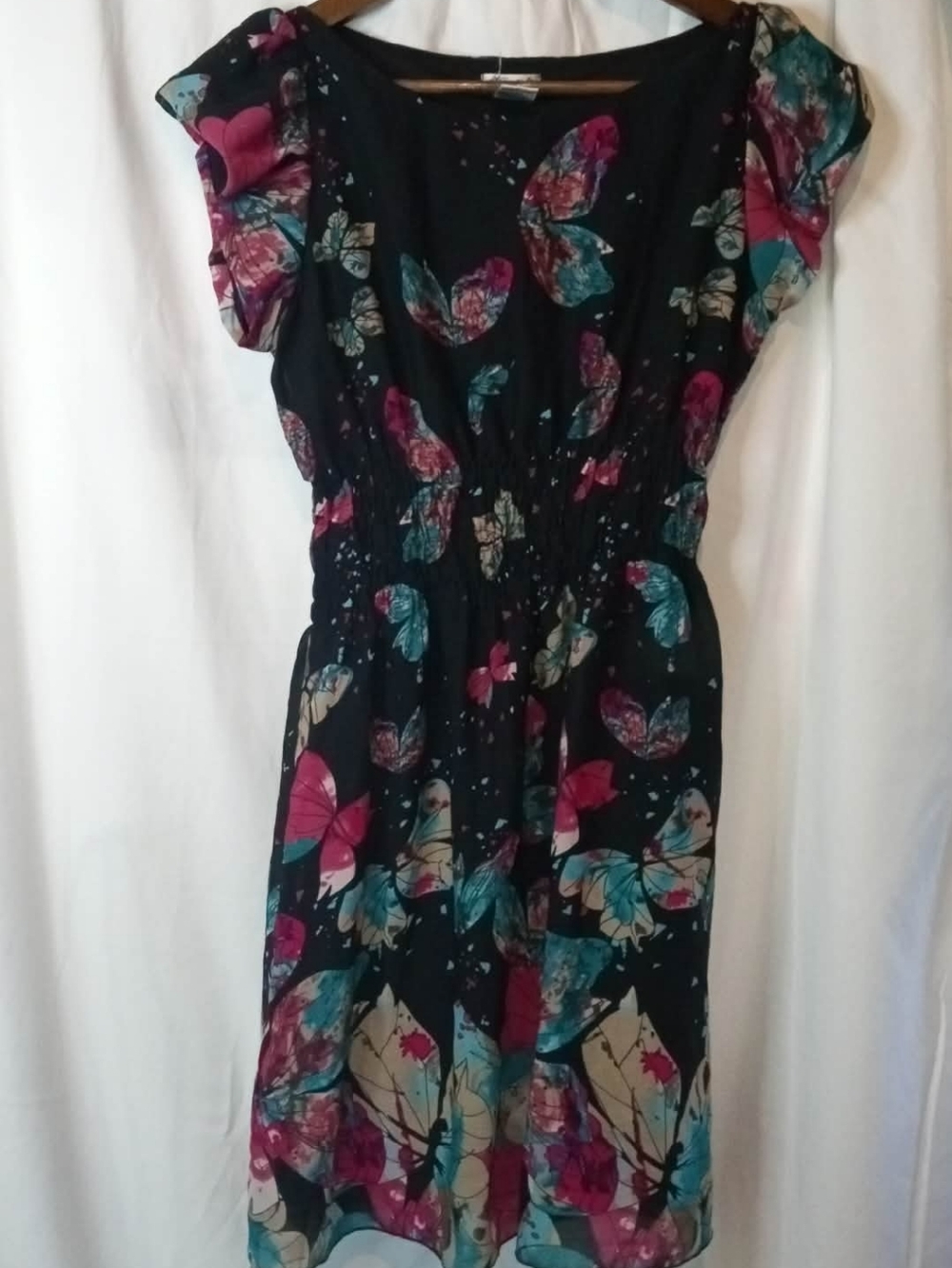 Ultra Pink Black Mini Dress Pink Teal Butterflies Flowy Office Goth Fairy Ruffle